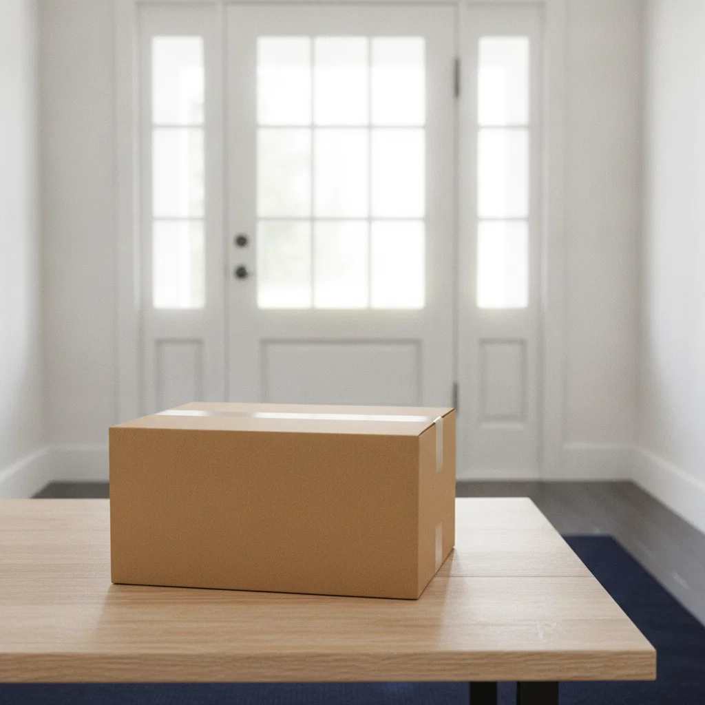 A sealed kraft cardboard parcel on a table near a bright front door entryway