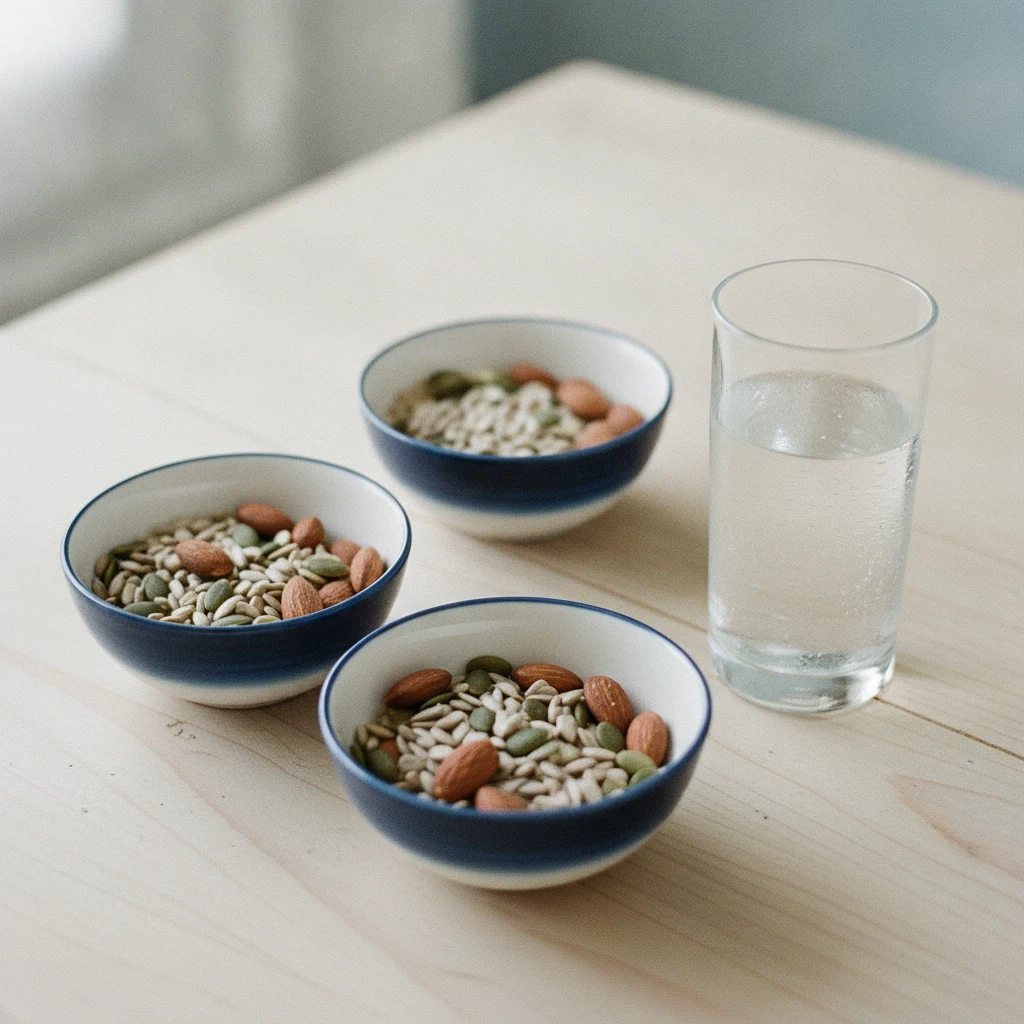 Assorted nuts, pumpkin seeds and almonds in ceramic bowls on a wooden table