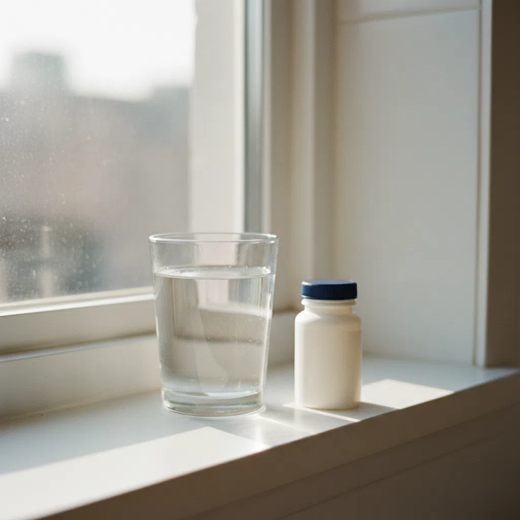A glass of water on a bright kitchen windowsill beside a small white pharmacy bottle