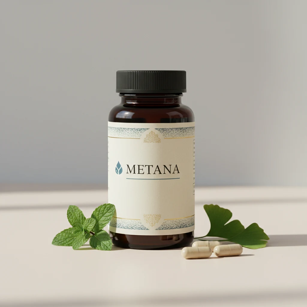 Metana white pharmacy bottle with blue label showing product name and ingredients